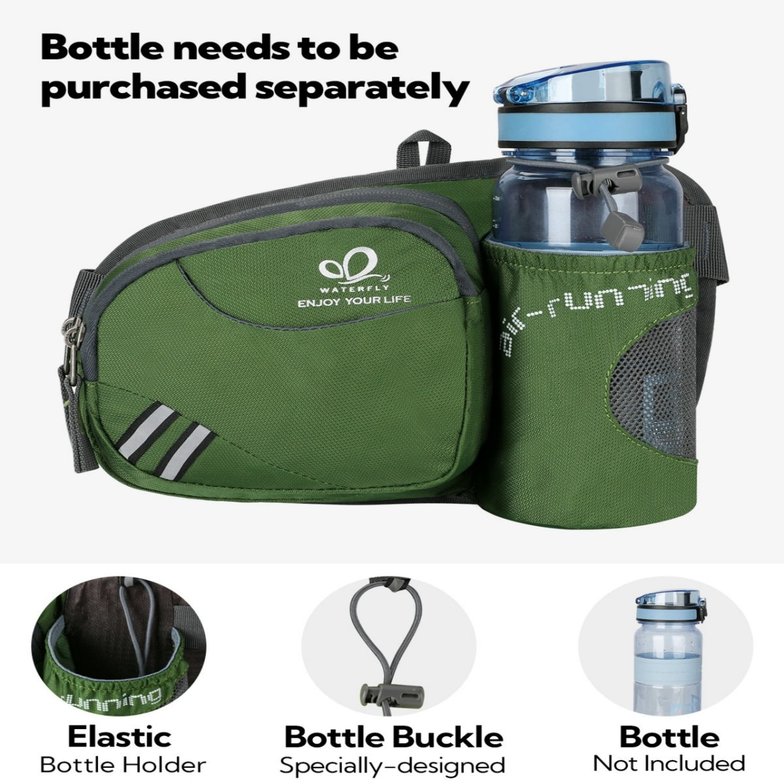 WATERFLY Unisex 3.5L Nylon Fanny Packs with a Water Bottle Holder Travelling Hiking Walking,Army Green