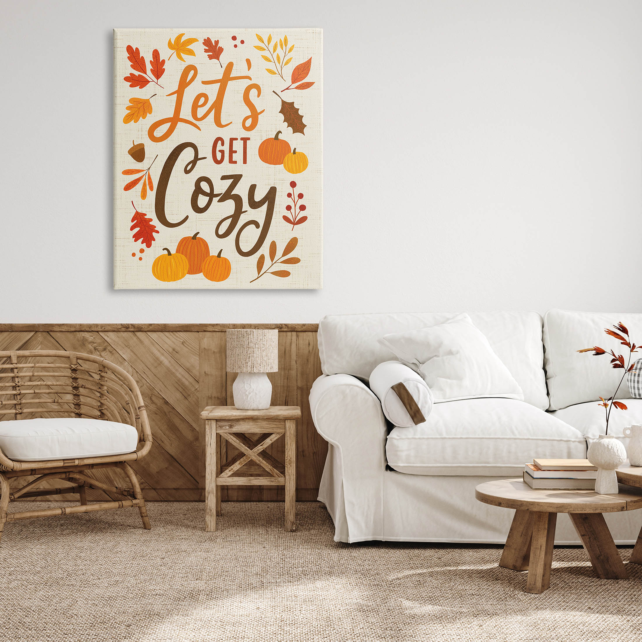 Lets Get Cozy Autumnal Leaf Sprigs Holiday Graphic Art Gallery Wrapped Canvas Print Wall Art