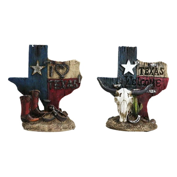 Set Of 2 Western Texas Map Cowboy Boots Cow Skull Horseshoe Cactus Figurines