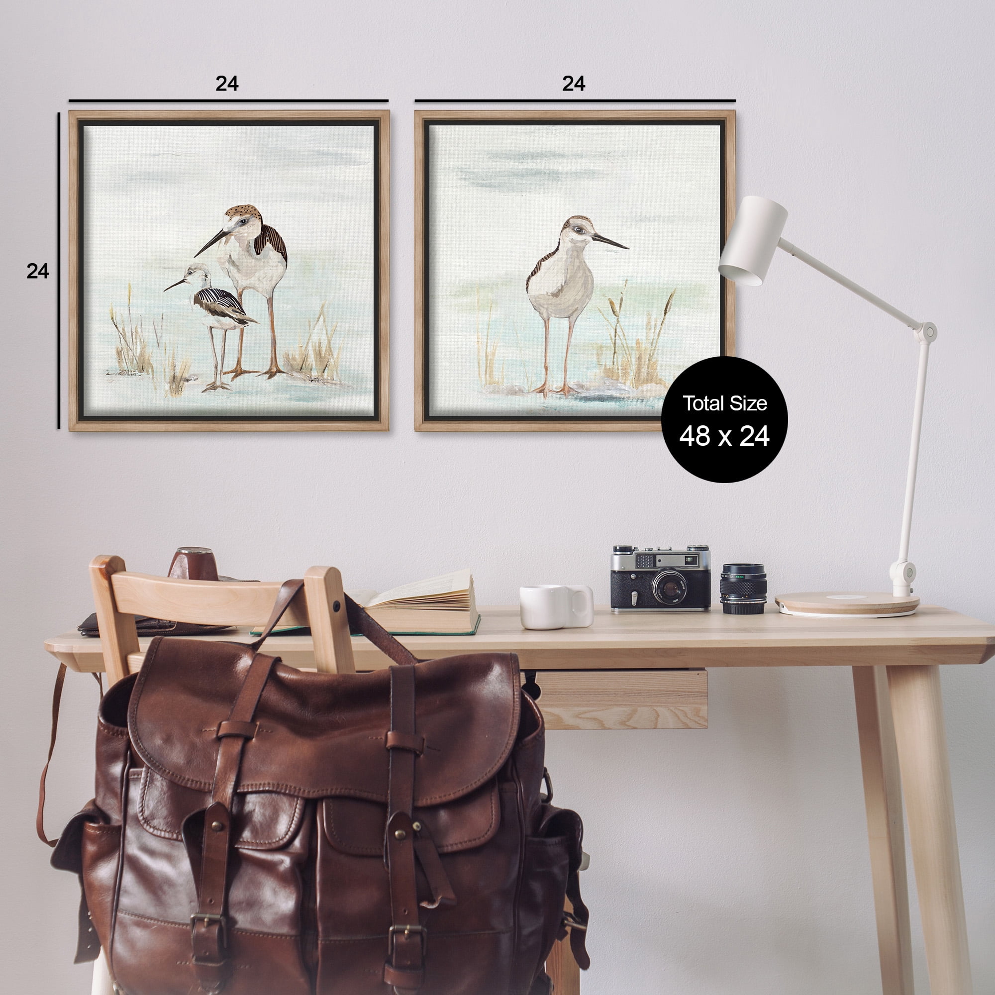 Stupell Industries Sandpipers Among Beach Grasses Animals & Insects Painting Brown Floater Framed Canvas Art Print Wall Art, 25 x 25, Set of 2