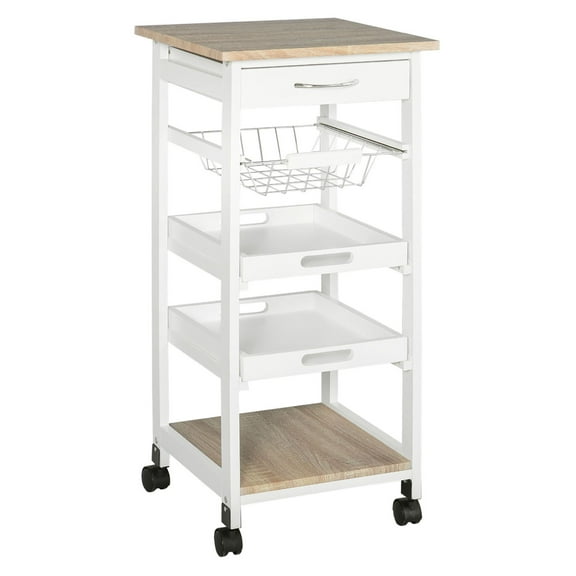 KWUXIN Rolling Kitchen Cart Kitchen Trolley, Mobile Prep Station with Drawer, Shelves, Basket, White