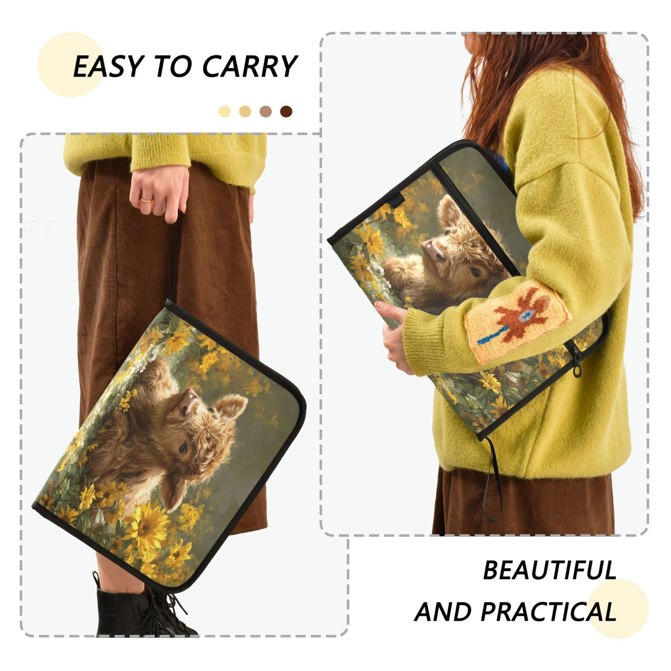 Accordion File Organizer with Zip Closure 13 Pockets Expanding File Folder Letter A4 Paper Document Organizer for Home Office Cow Lying in Sunflowers