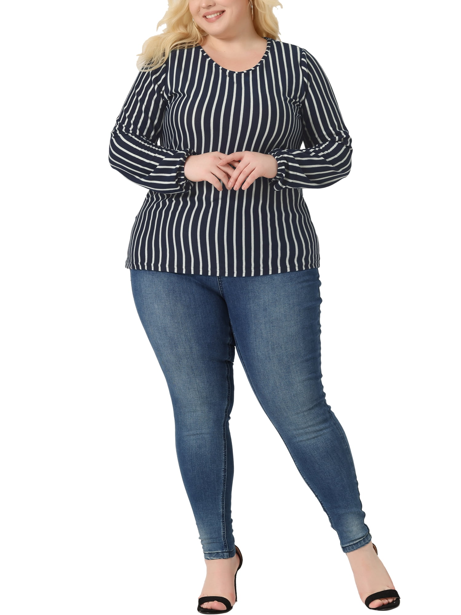 Unique Bargains Women's Plus Stripe Round Neck Elastic Cuff Long Sleeve Tops 2X Navy Blue