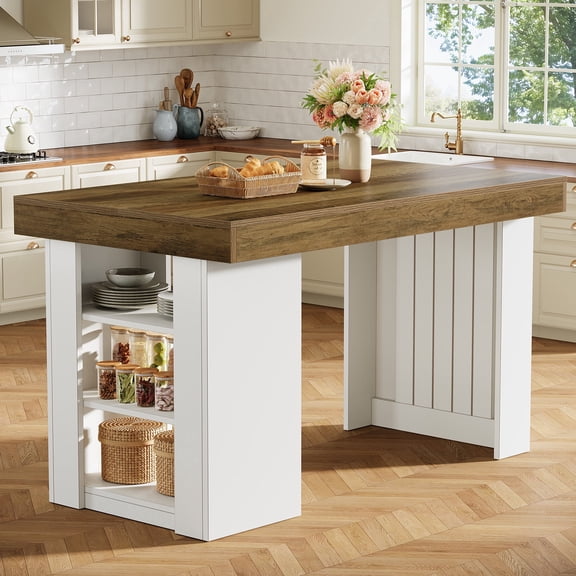 Finmind Kitchen Island with Storage, 55-inch Farmhouse Stationary Island Table with Large Countertop for Kitchen, Rustic Brown & White