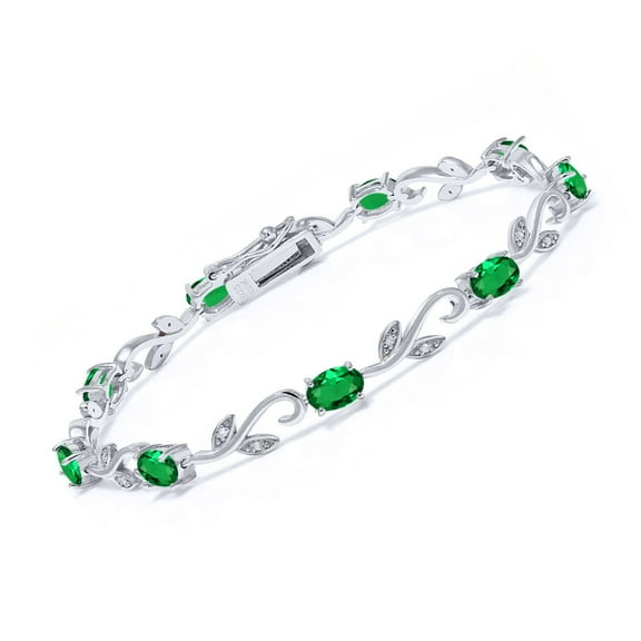 Gem Stone King 3.73 Cttw Oval Green Simulated Emerald Greek Vine 7 inch Diamond Tennis Bracelet for Women | 925 Sterling Silver | Gemstone Birthstone | Oval 6X4MM | 7 inch
