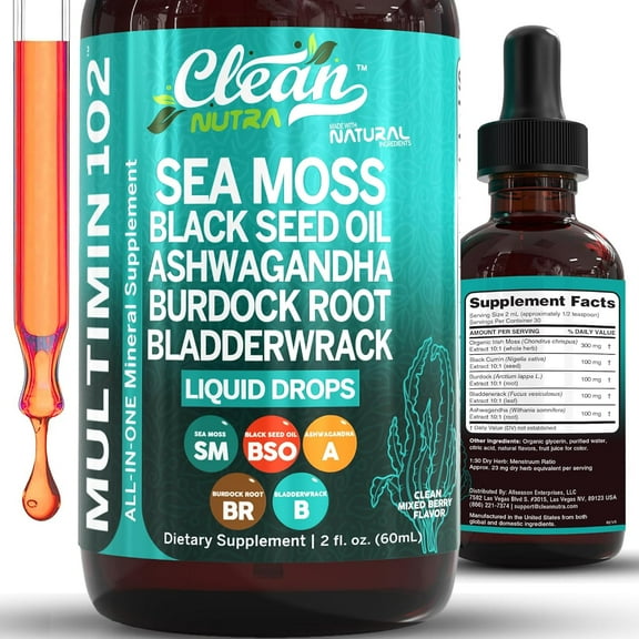Clean Nutraceuticals Sea Moss Liquid Drops Supplement with Black Seed Oil Ashwagandha Burdock Root & Bladderwrack - Multimineral Organic Non-GMO Vegan for Gut Heath Skin Immune Support Hair