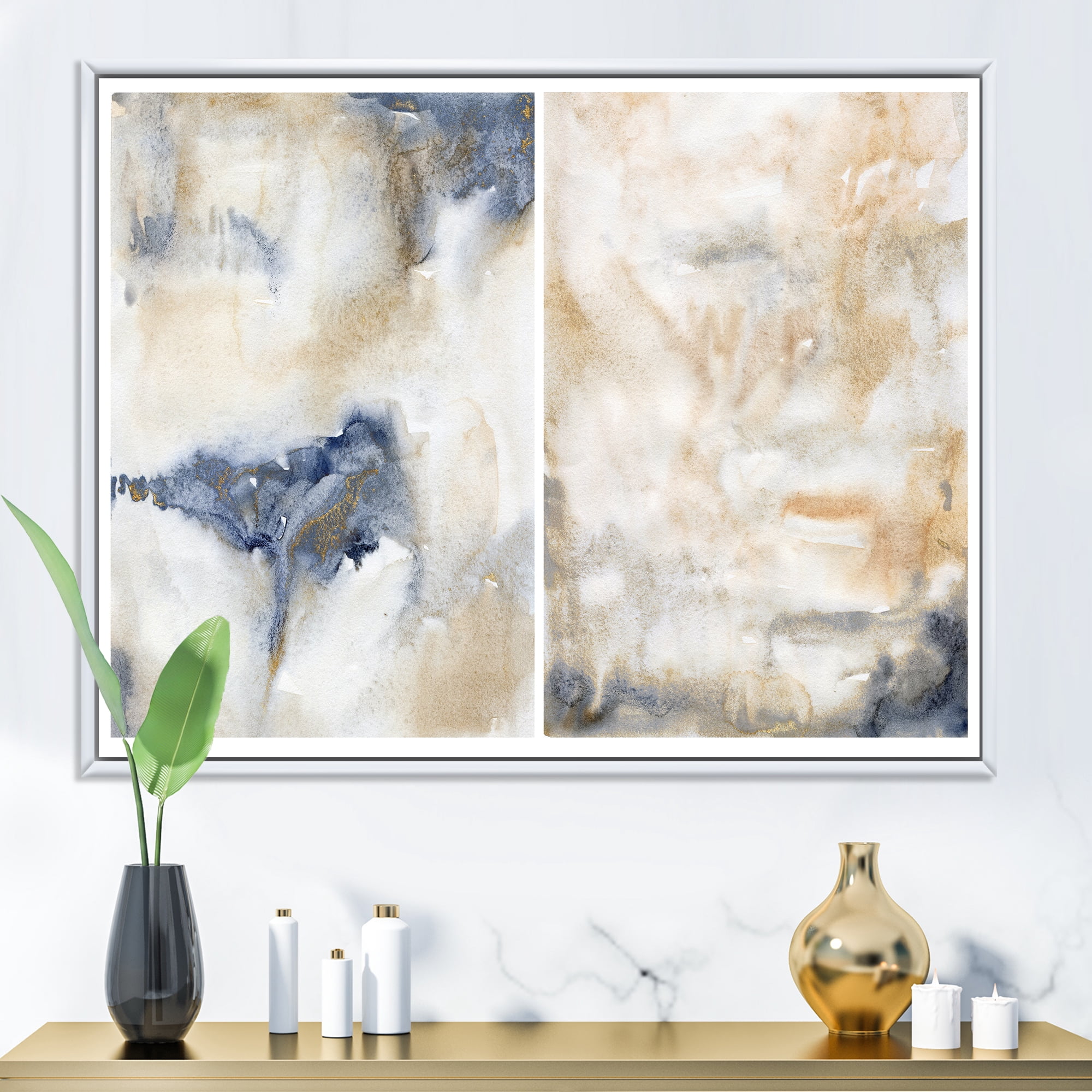 Abstract Gold Beige Pink and Dark Pastel Strokes 32 in x 16 in Framed Painting Canvas Art Print, by Designart