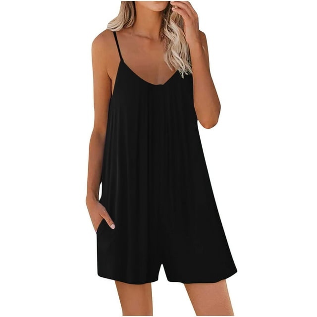 Tii.MM Womens 2025 Summer Fashion Spaghetti Strap Shorts Rompers Sleeveless Solid Color Loose Casual Jumpsuits with Pockets