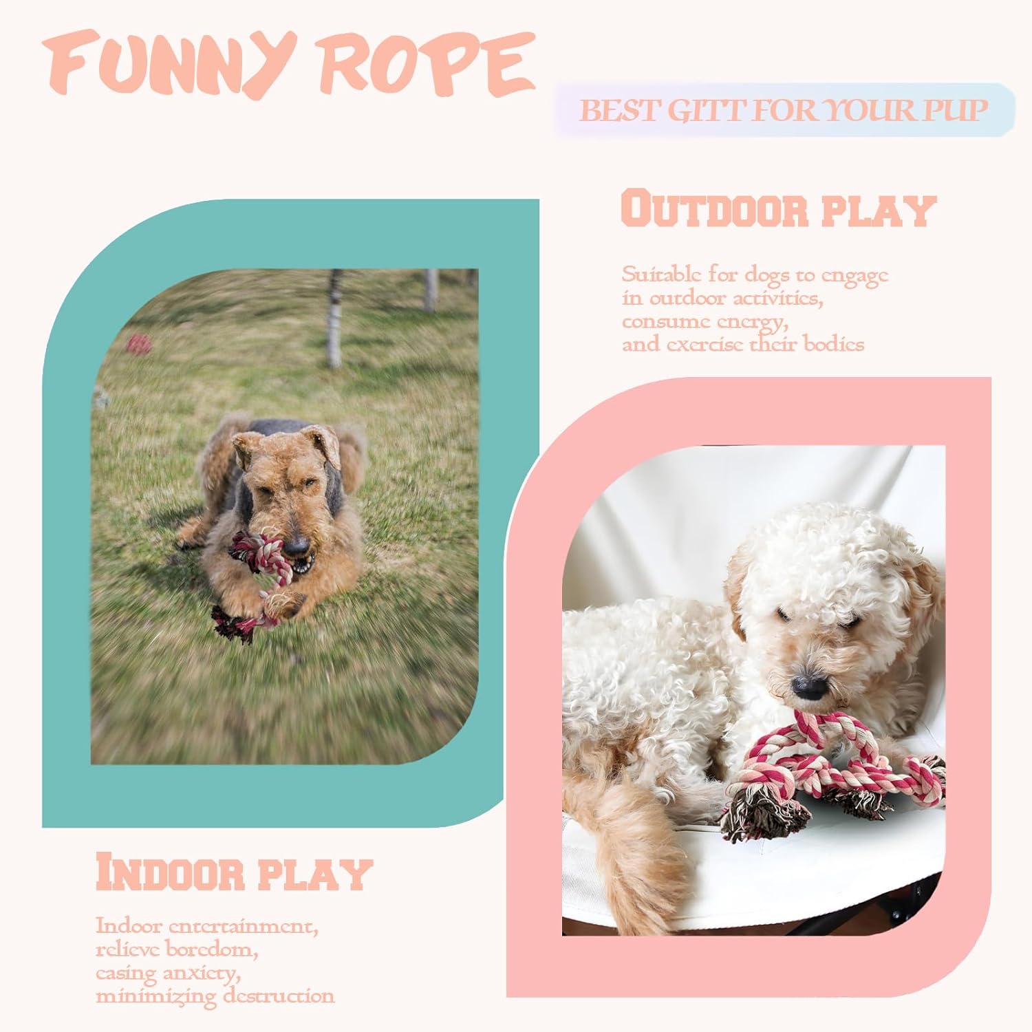 2-Pack Dog Rope Toy Durable Cotton Dog Chew Toys for Aggressive Chewers Interactive Tug of War and Teeth Cleaning for Small to Medium Breed Pets(Pink, Medium)