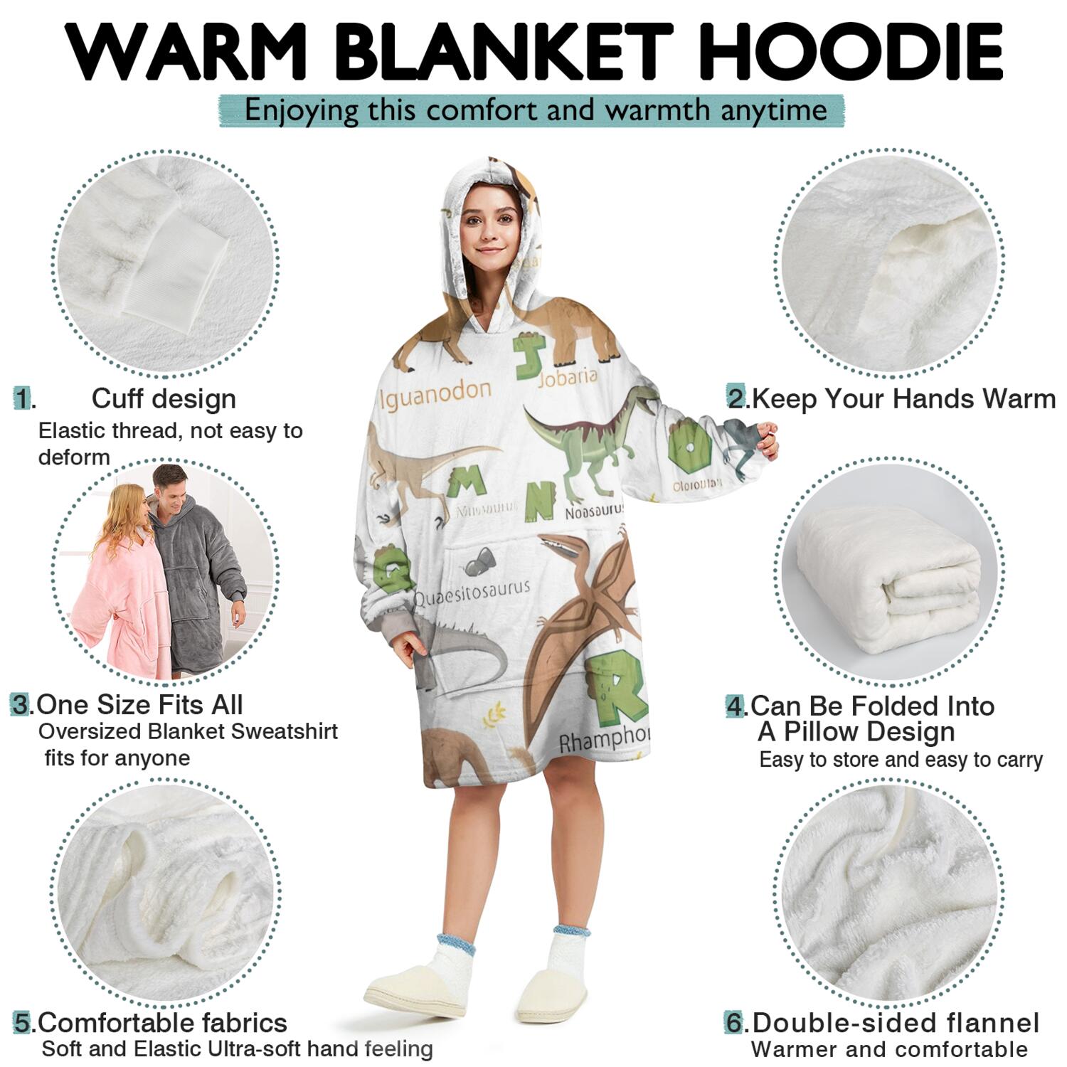 Wearable Oversized Blanket,Alphabet Dinosaur Names Chart Pattern Wearable Blanket Hoodie for Adults,Cozy Hooded Blankets with Super Pockets,Super Warm Fuzzy Pullover for Women & Men