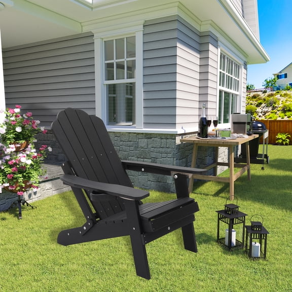 Zinkitool HIPS Adjustable Adirondack Chair, with Cup Holder, with Wide Armrests, with Wood-Look Finish, Black