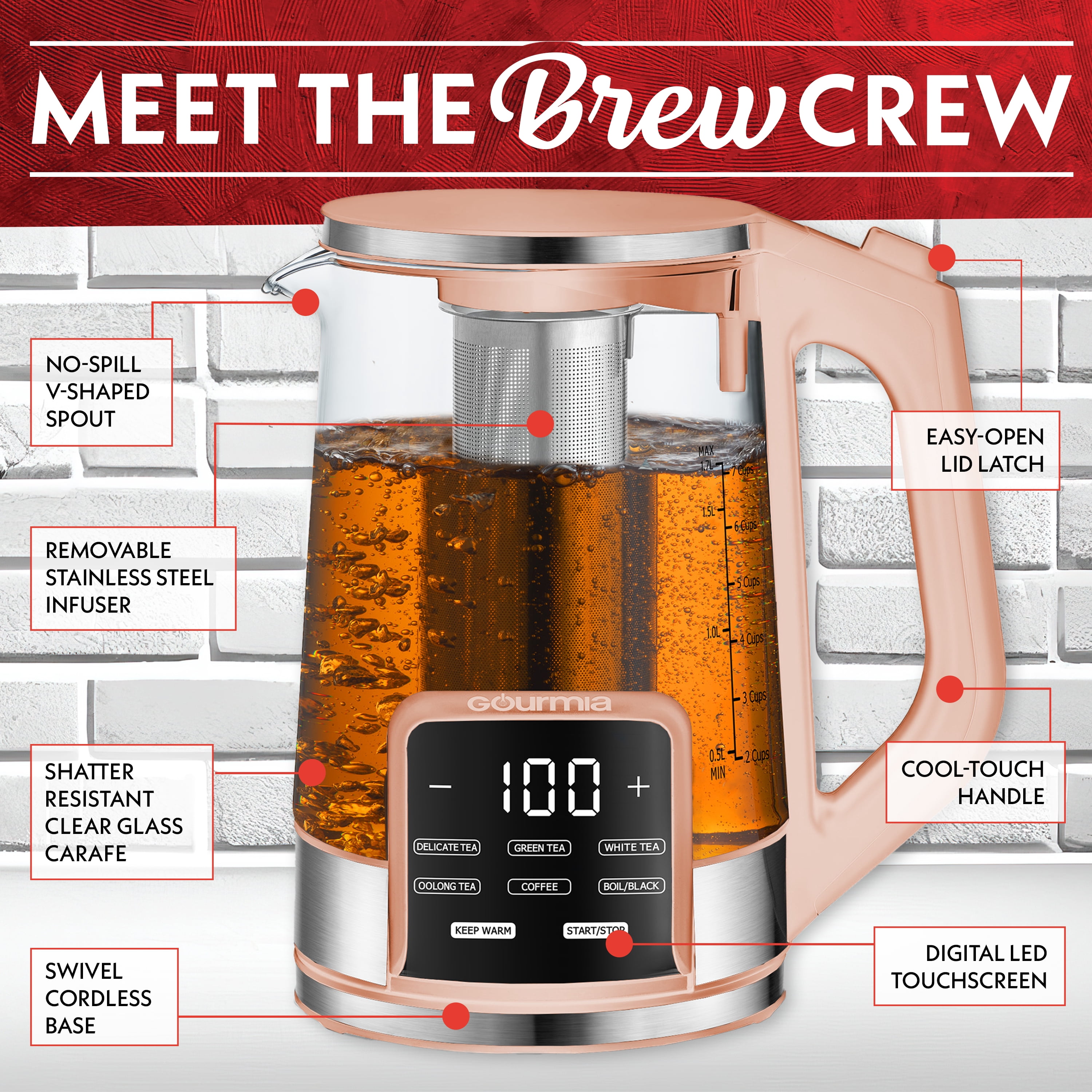 Gourmia Electric Kettle 1.7L with 6 Presets, Digital Display, and Tea Infuser, Peach