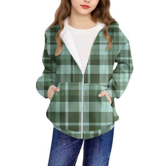 SERTG Boys and Girls Checkered Hooded Jacket Zip Front Long Sleeve Sporty Casual Outerwear Top for Children 4-12 Years(Green,5 Years)