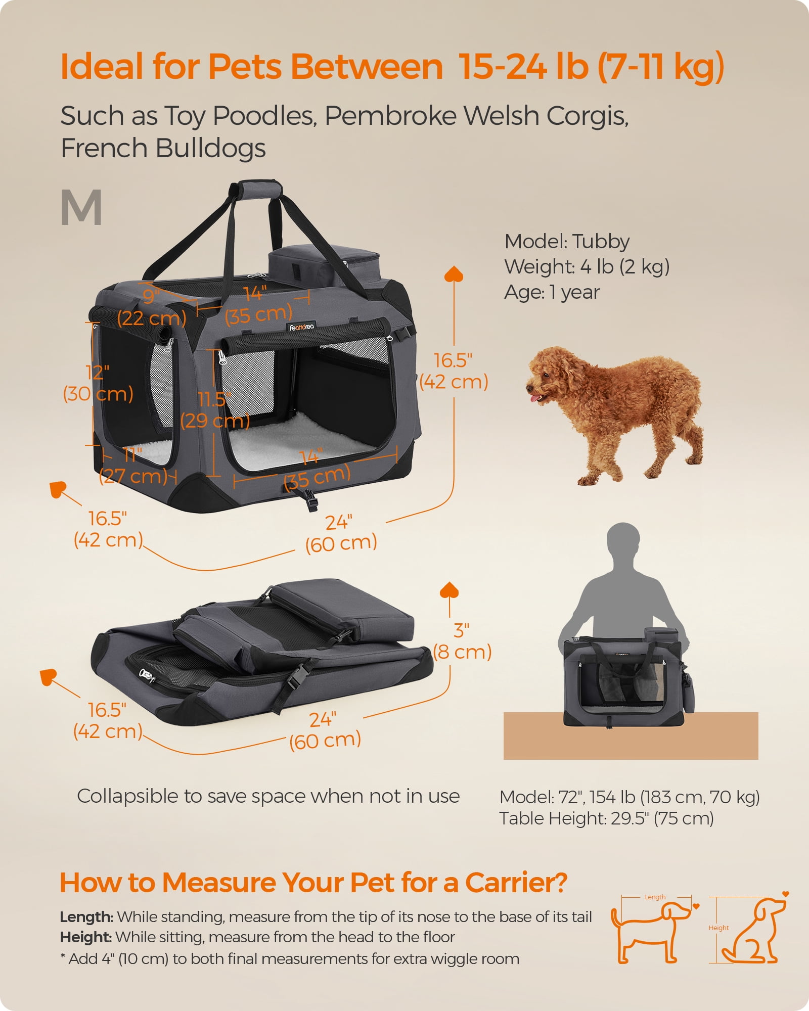 Feandrea 24-Inch Collapsible Dog Crate with 3 Mesh Doors, Portable Pet Carrier with Safety Zippers for Travel, Gray
