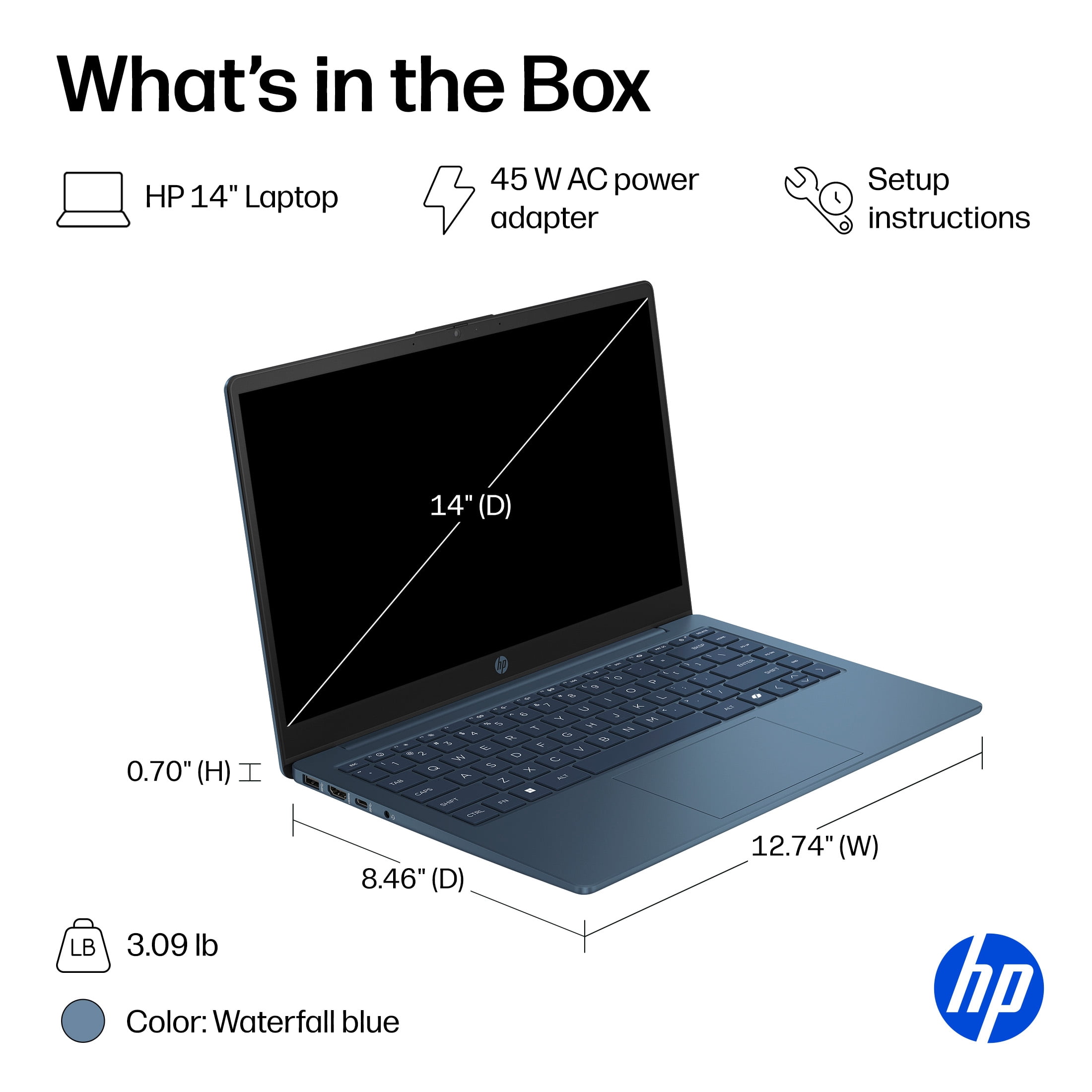 HP 14 inch HD Windows Laptop AMD Athlon Silver 7120U Processor 4GB 256GB SSD Waterfall Blue