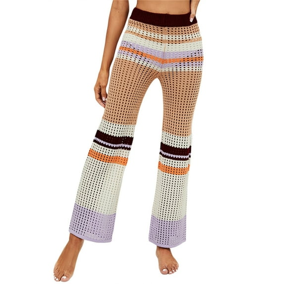 Seyurigaoka Women Knitted Plus Size Pants, Splicing Color Hollow-Out Mesh Middle-Waisted Stretch Knit Trousers