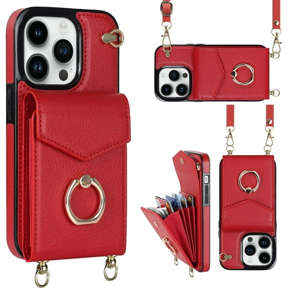 Flip Leather Wallet Phone Cases for iPhone 14 Pro Max Crossbody Case with Credit Card Holder Ring Strap Lanyard 6.7'' Women RFID Blocking Protective Purse (Red,IP 14 Pro Max)