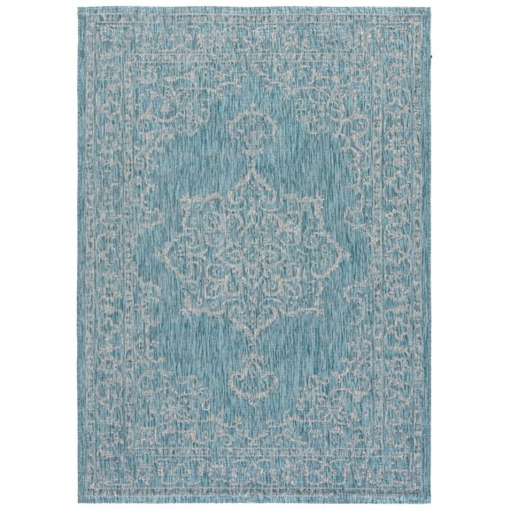 SAFAVIEH Courtyard Clodagh Medallion Indoor/Outdoor Area Rug, Aqua/Grey, 4' x 5'7"