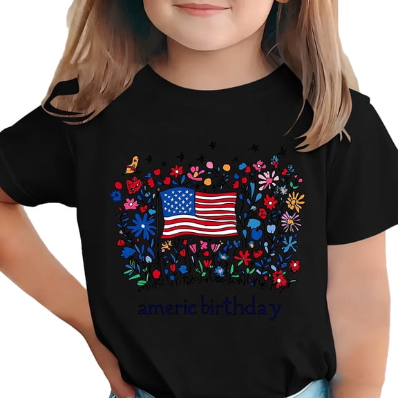 AHTJRT Girls Patriotic Shirts American Birthday Tee Tops Summer 4th of July Short Sleeve Tee Shirts Black 9-10 Years