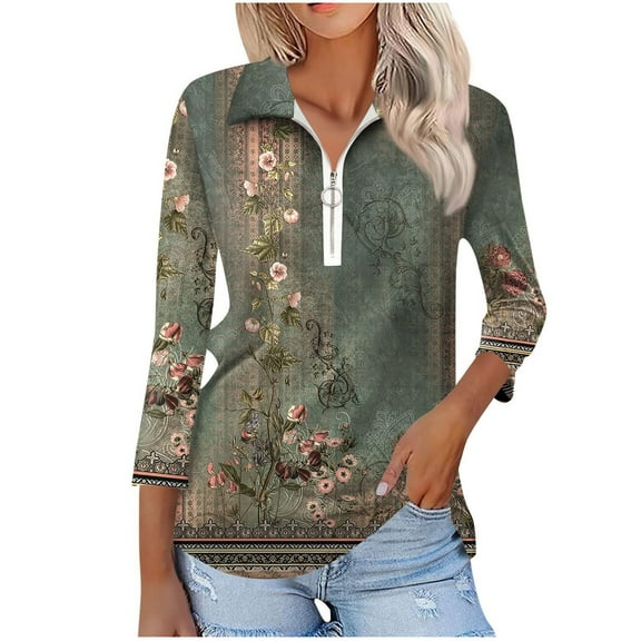 Utoimkio Women's Casual Print Button Down Shirts Classic 3/4 Sleeve Stylish Collared Office Work Blouses Tops for Women