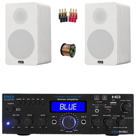 Pyle PDA9HBU 2-Channel Bluetooth HiFI Audio Optical/HDMI/USB/SD FM Radio Home Theater Receiver, 2x 6.5” 240W Peak Power 2-Way HiFi Home Theater Bookshelf White Speakers, Speaker Wire, Banana Plugs