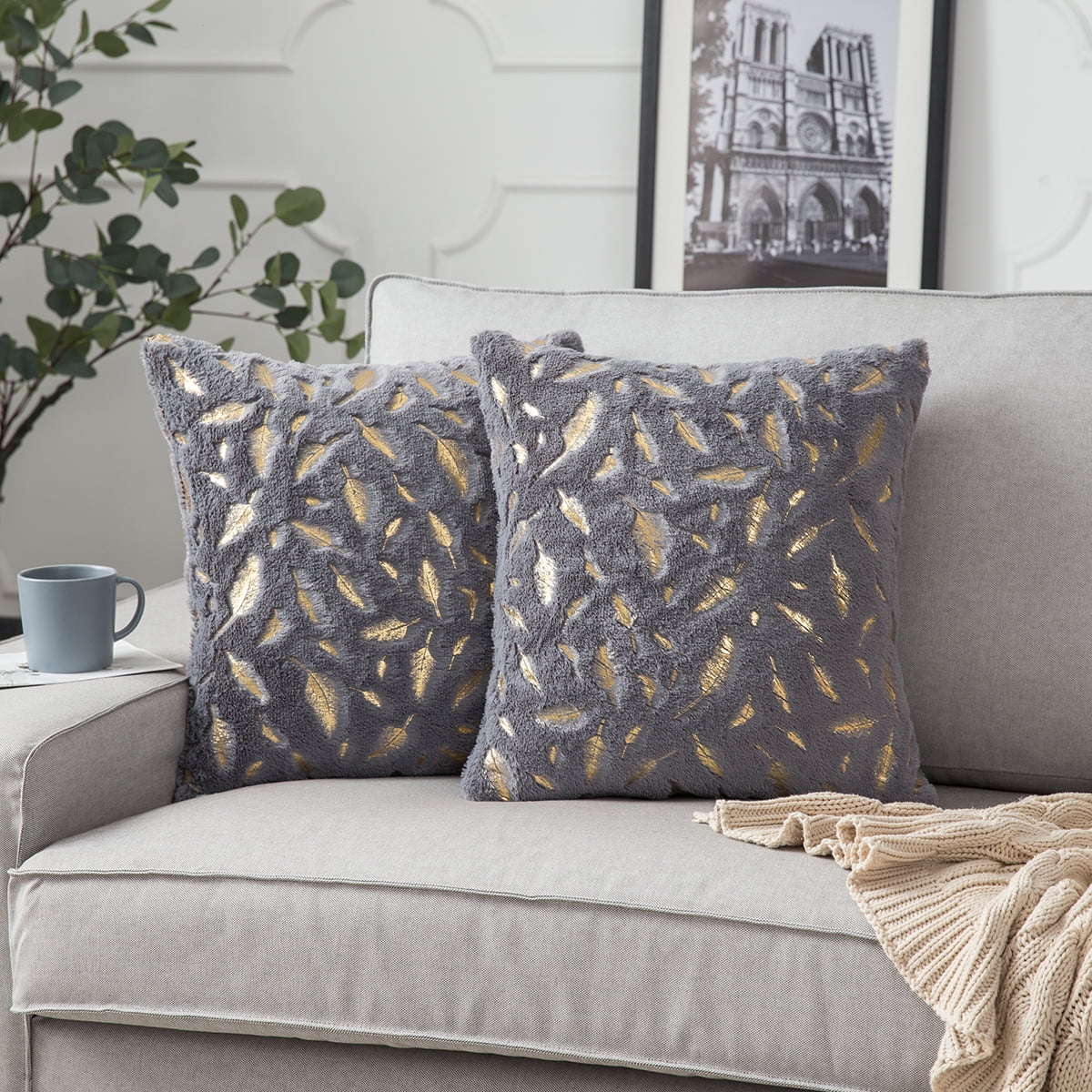 2Pcs Navy Blue Gold Cushion Cover Pillow Shells Damask Floral Sofa Home 45x45cm 