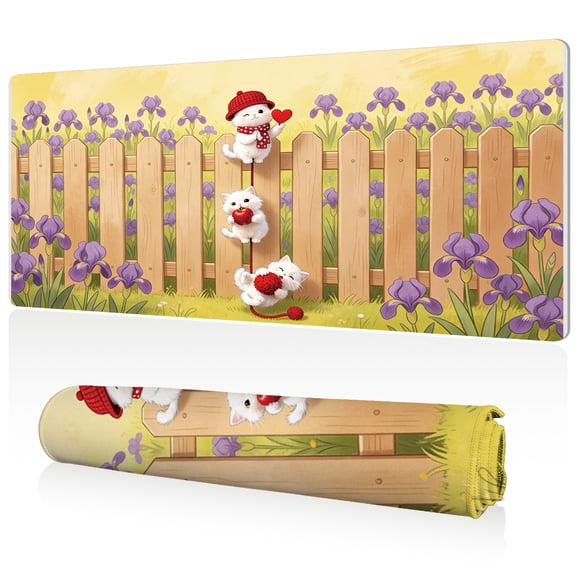 LIVEKEY Mouse Pad 80x40cm Extra Large Non Slip Stitched Durable Easy Clean Cute Kittens on Fence with Yarn Balls and Hearts Pattern for Gaming Office
