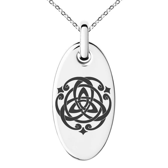 Stainless Steel Celtic Triquetra Heart Knot Engraved Small Oval Charm Pendant Necklace
