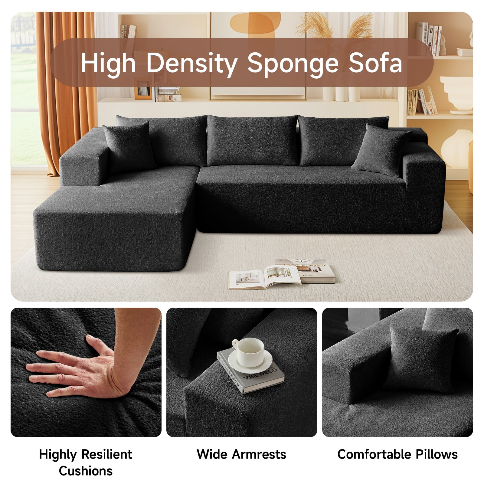 Vinform 103.54 Inch Velvet Sectional Sofa, Modern L-Shaped Modular Sofa with High-Density Foam (Includes Chaise Lounge and Throw Pillows), Upholstered Cloud Sofa for Living Rooms(Black/Right Side)
