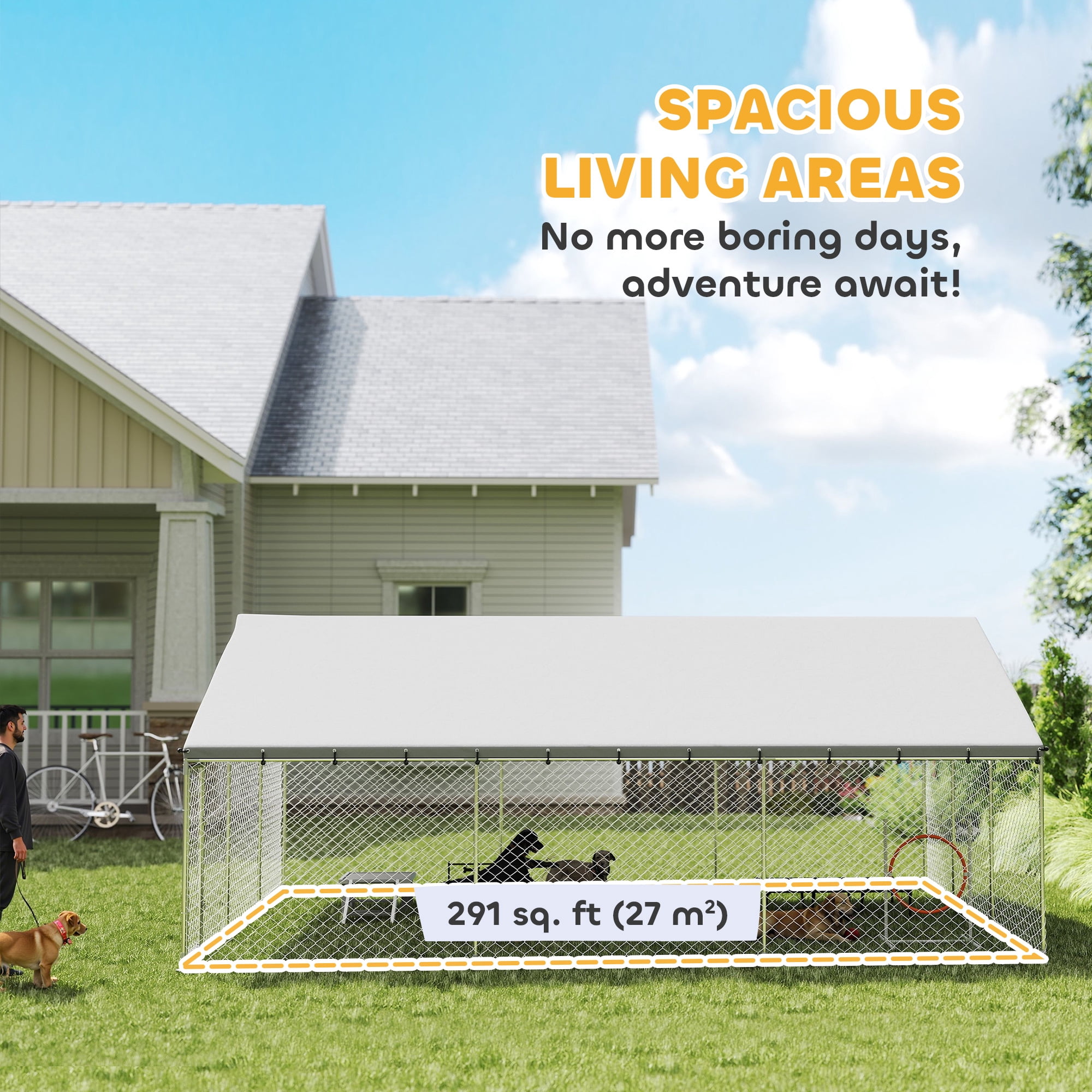 PawHut Outdoor Dog Kennel, Heavy Duty Large Dog Kennel Outside with Waterproof Roof, 2 Secure Latches, Dog Run for Backyard, 20' x 15' x 8'