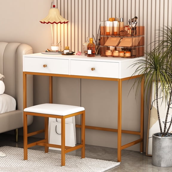 Teousev Modern White and Rose Gold Vanity Desk Set with Stool, 2 Drawers Chic Makeup Table for Bedroom