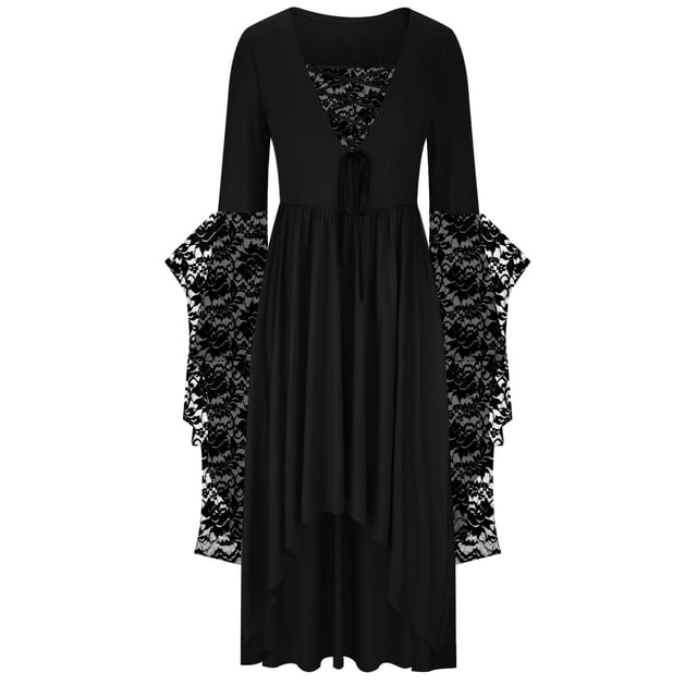 LSLJS Women's Grande Taille Manches en Dentelle Patchwork Mode Manches Longues Bandage Rétro Long Dress