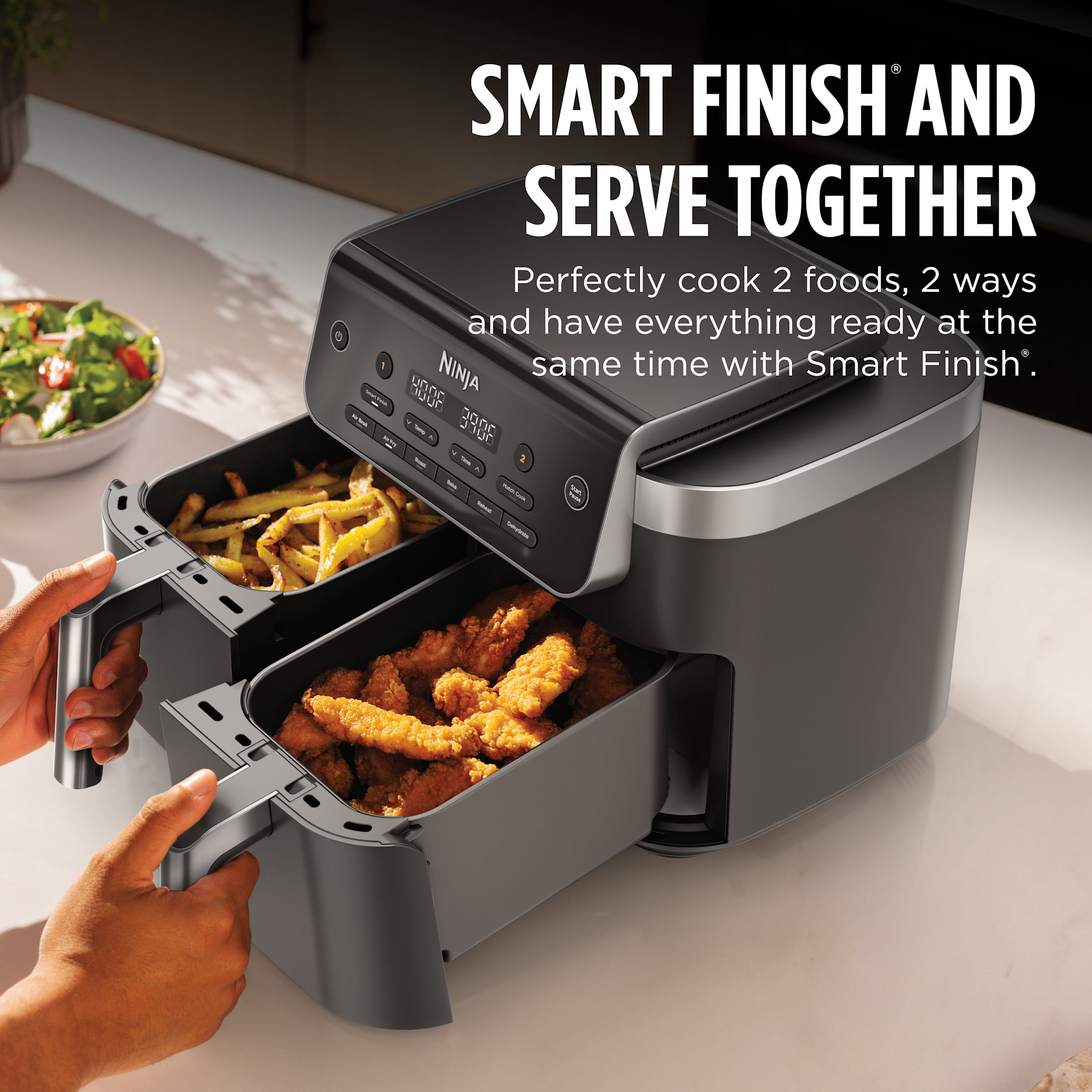 Ninja DualZone Air Fryer 8-Qt, 6-in-1, 2 Baskets, Smart Finish & Match Cook, Air Fry Roast Bake, DZ801 Gray