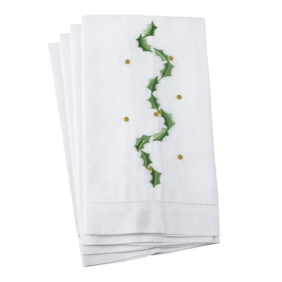 Saro Lifestyle Holly Leaf Garland Embroidery Christmas Hemstitched Linen Cotton Guest Towel - Set of 4