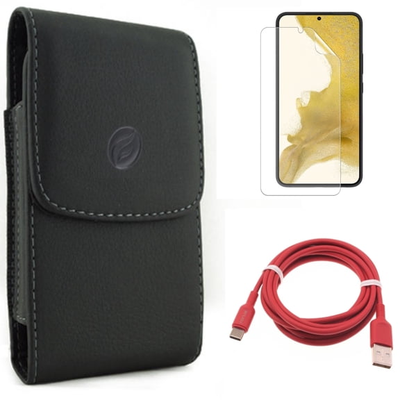 For Samsung Galaxy S21 (6.2") - Anti-Glare TPU Film Matte Screen Protector   Holster Leather Case Belt Clip   Charger Cord Red 6ft USB-C Cable