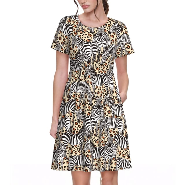 Bixox Robe d'Été à Manches Courtes pour Femmes Robe Ample Longueur Genou avec Poches-Zèbre
