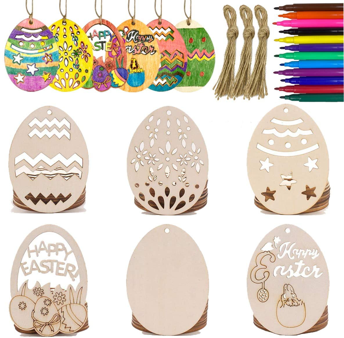 Cutouts Pendant DIY Wooden Hanging Ornaments for Easter Party Hanging Decorations and Home Decoration 12Pcs Unfinished Wood Easter Pendant and Easter Kids Crafts Painting Toys 