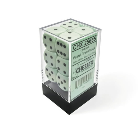Chessex: Opaque Pastel Green/Black 16mm d6 Dice Block (12 Dice)