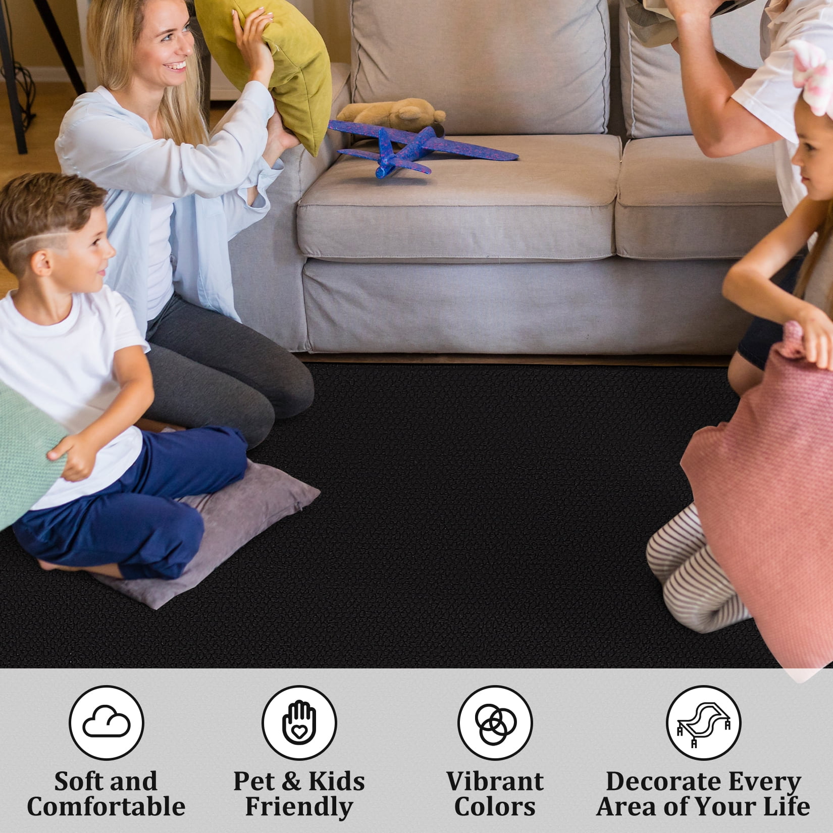 FairOnly 10'x13' Modern Area Rugs for Living Room Machine Washable Soft Non Shedding Textured Rugs for Bedroom Neutral Black Carpet