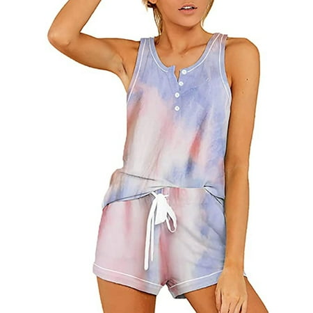 

LONKITO Womens Tie-Dye Button Tank Casual Fashion TopsShorts Pajamas Set Sleepwear Nightwear Pjs(S-2XL) Blue M