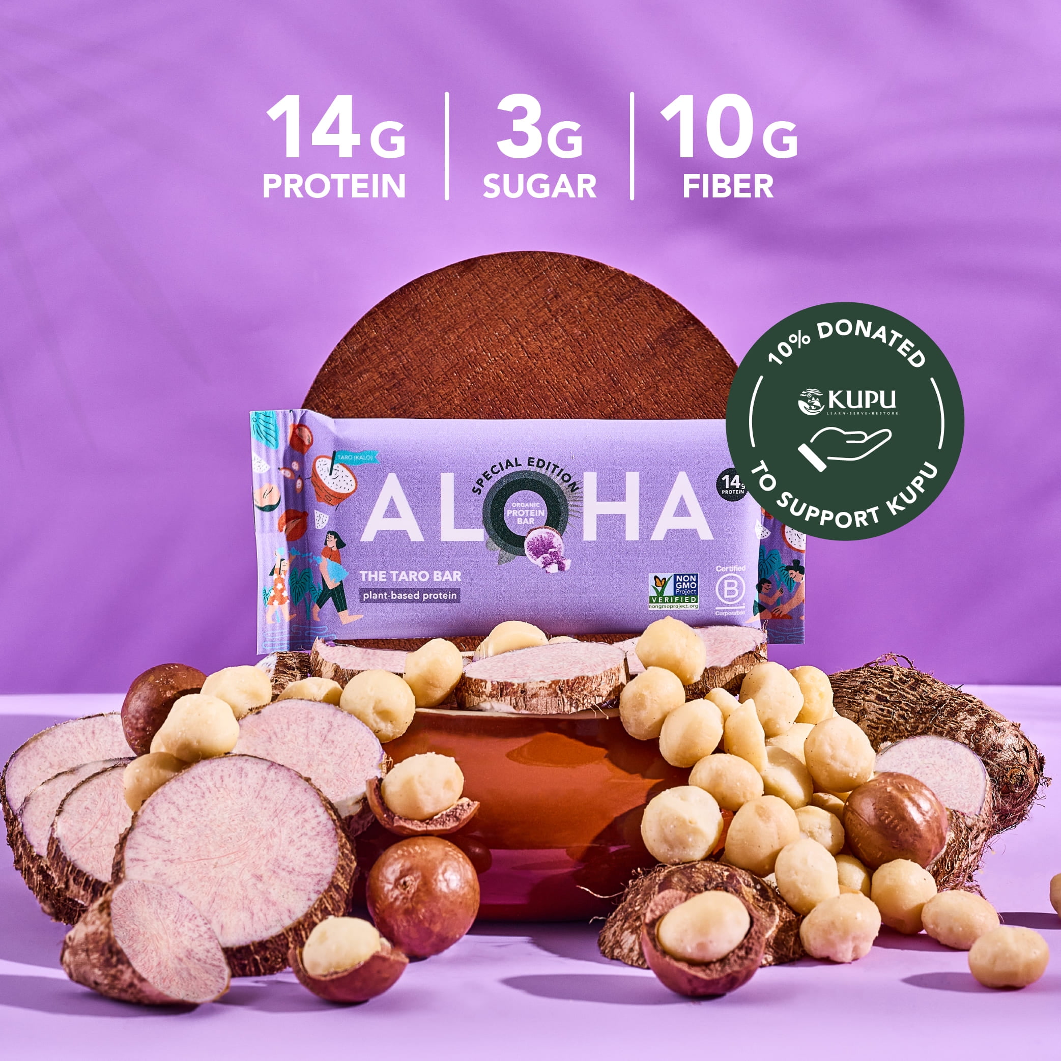 ALOHA, Organic Plant Based Protein Bars, The Taro Bar, 14g Protein (Pack of 6)