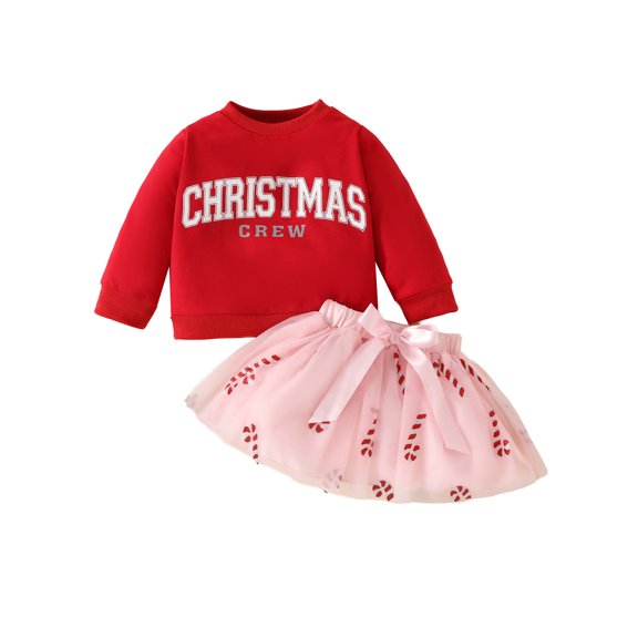 Kids Toddler Girls Christmas Outfit, 6 12 18 24 Months 2T 3T 4T Long Sleeve Crew Neck Letters Print Sweatshirt Candy Cane Skirt 2-piece Clothes Set