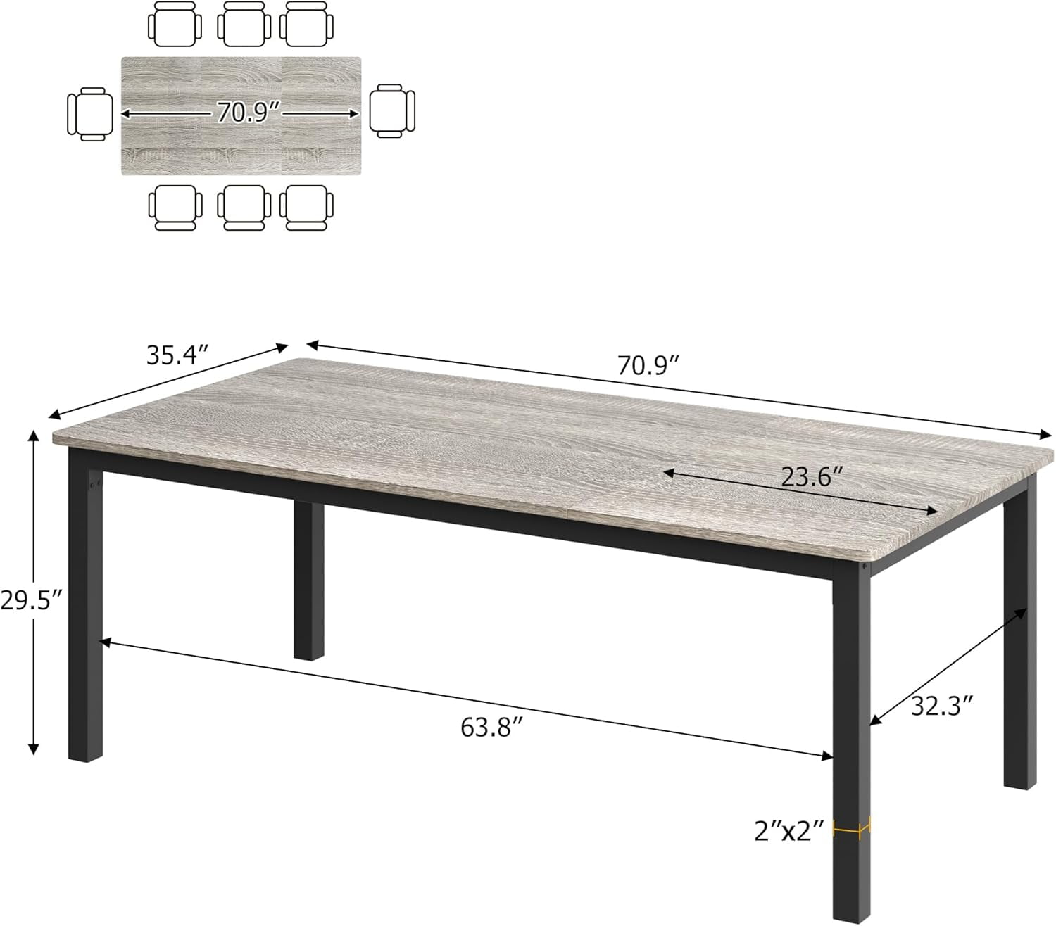71" Long Dining Table for 6 People, Large Rectangle Wood Kitchen Table with Sturdy Metal Legs, Modern Industrial Dining Room Table with Round Corner, Grey
