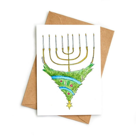Funny Holiday Card - "Menorah Christmas Tree" Design - Blank Inside with Envelope - Perfect for Hanukkah and Christmas Celebrations