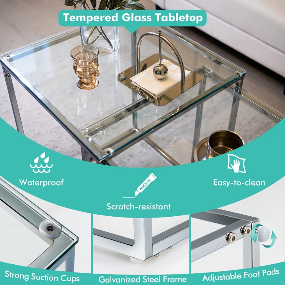 Finihen Coffee Table, Nesting Coffee Table, 2 Pieces Modern Nesting Coffee Table with Tempered Glass Top and Steel Frame, for Living Room, Reception Room, Sliver Finihen Coffee Table, Nesting Coffee Table, 2 Pieces Modern Nesting Coffee Table with Tempered Glass Top and Steel Frame, for Living Room, Reception Room, Sliver