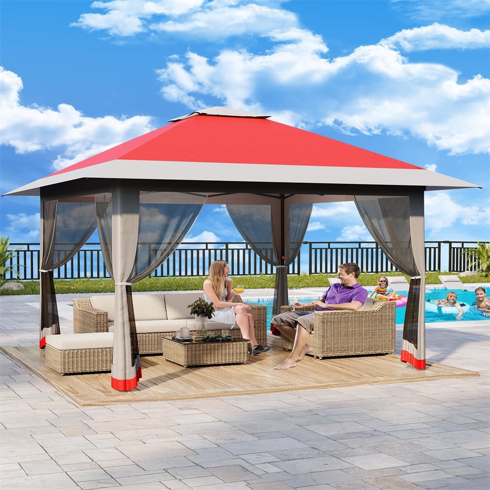 13x13Pop-Up-Gazebo Outdoor Canopy Tent with Mosquito Netting, [Adjustable Height & Spacious] Pop Up Tent with Double Roof, UV-Resistant Outdoor Gazebo for Backyard, Patio, Lawn, Garden, Deck