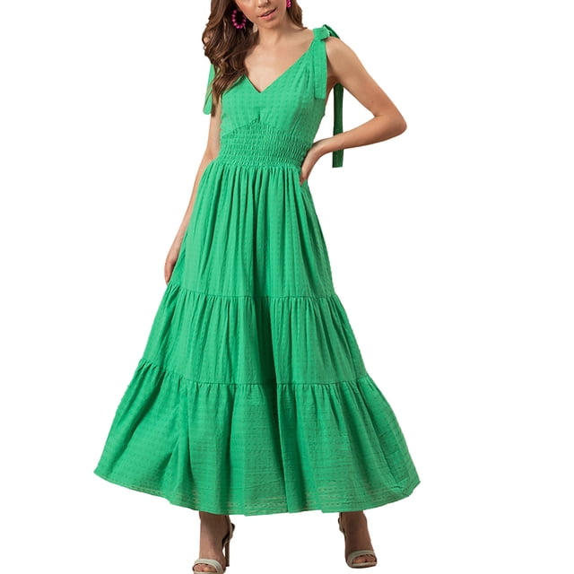 Vestido con tirantes y cuello en V, cintura delgada, dobladillo grande, tela de lunares redondos para verano, verde, XXL