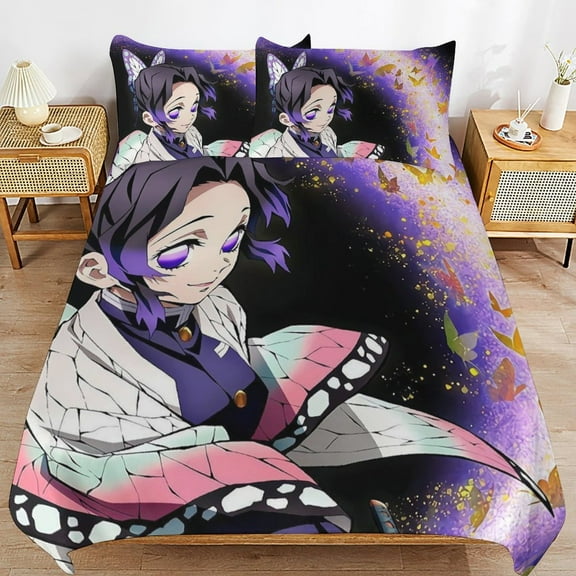 3 Piece Comfortable Bedding Set Demon Slayer Kochou Shinobu Duvet Cover Twin Bed with 2 Pillowcase 102"x90"