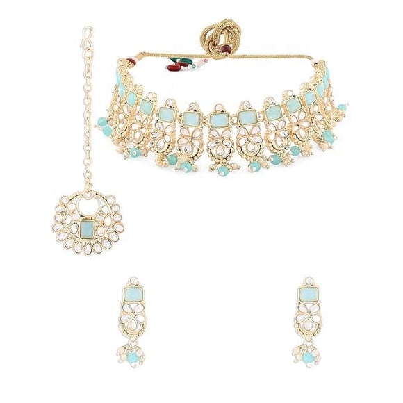 Turquoise Blue Kundan Stones & Beads Necklace Set With Earring & Maang Tikka Set For Women | Traditional Choker Design Necklaces - Indian Bridal Wedding Jewellery Set For Indian Outfits