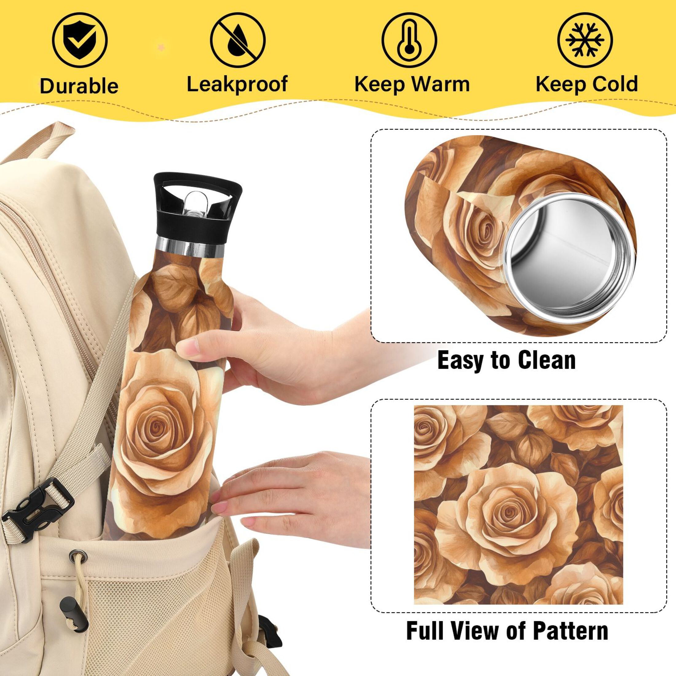 600ML Stainless Steel Insulated Cup Sports Water Bottle Portable Thermos Cup Water Glasses Insulated Tumblers Convenient and Durable Brown Roses Seamless